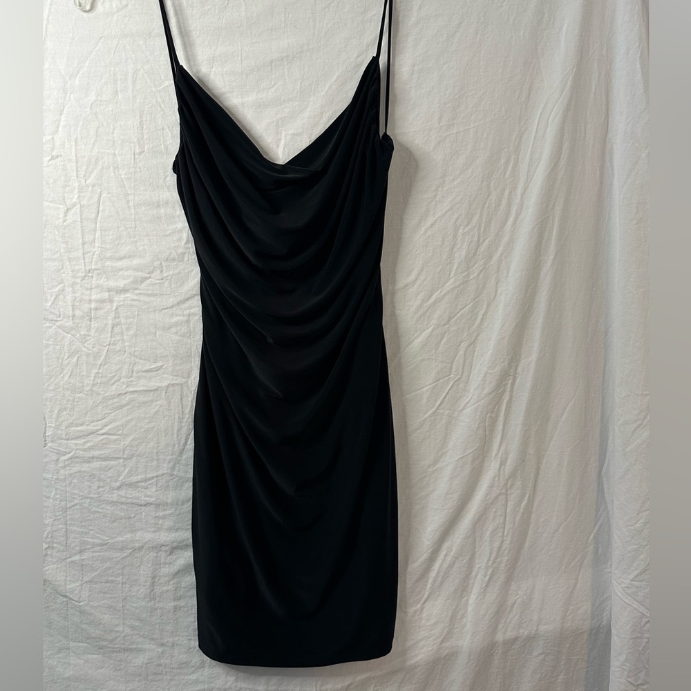 Black Satin Cowl Neck Mini Dress Strappy Back Bodycon Cocktail Small fit